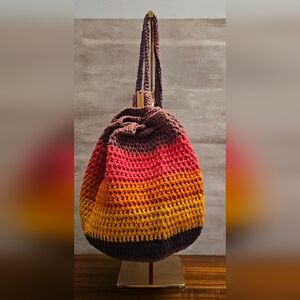Crochet Drawstring Backpack - Pink & Orange